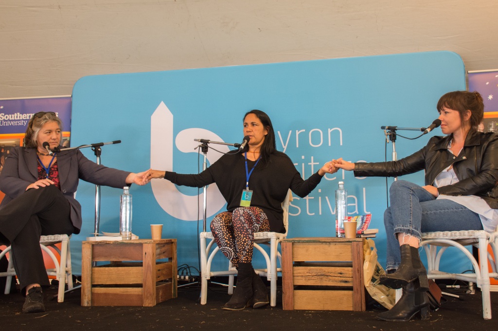 Melissa Lucashenko, Delta Kay and Tara June Winch join hands for Indigenous Women -pic Kirra Pendergast