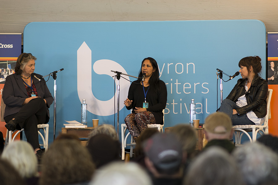 Melissa Lucashenko with Aunty Delta Kay and tara June Winch at Byron Writers Festival 2016. Photo: SCU / Natalie Foord