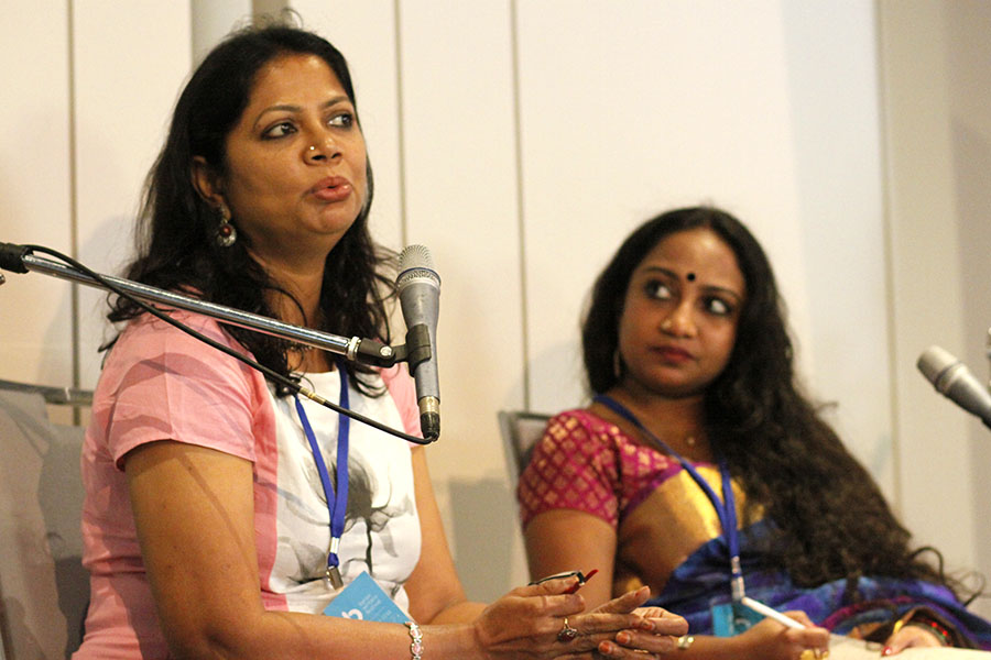 Poet Salma and Sharayna Manivannan spoke about a cultural violence against women in India. Photo: SCU/Kaleb Smith