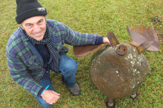 Sculptor Peter Neilson with his work at Byron Writers Festival 2016. 